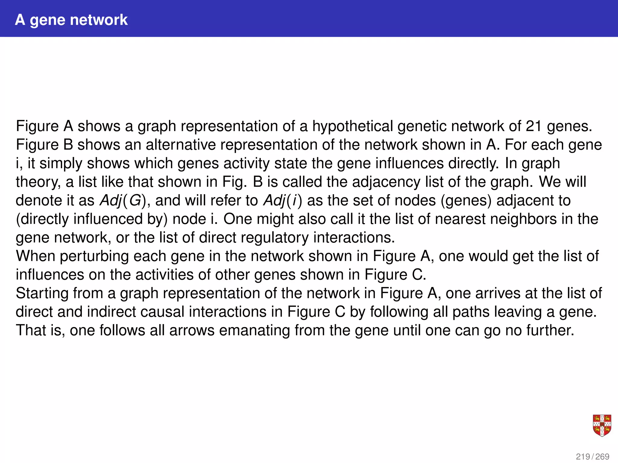 A gene network
Figure A shows a graph representation of a hypothetical genetic network of 21 genes.
Figure B shows an alternative representation of the network shown in A. For each gene
i, it simply shows which genes activity state the gene influences directly. In graph
theory, a list like that shown in Fig. B is called the adjacency list of the graph. We will
denote it as Adj(G), and will refer to Adj(i) as the set of nodes (genes) adjacent to
(directly influenced by) node i. One might also call it the list of nearest neighbors in the
gene network, or the list of direct regulatory interactions.
When perturbing each gene in the network shown in Figure A, one would get the list of
influences on the activities of other genes shown in Figure C.
Starting from a graph representation of the network in Figure A, one arrives at the list of
direct and indirect causal interactions in Figure C by following all paths leaving a gene.
That is, one follows all arrows emanating from the gene until one can go no further.
219 / 269
 