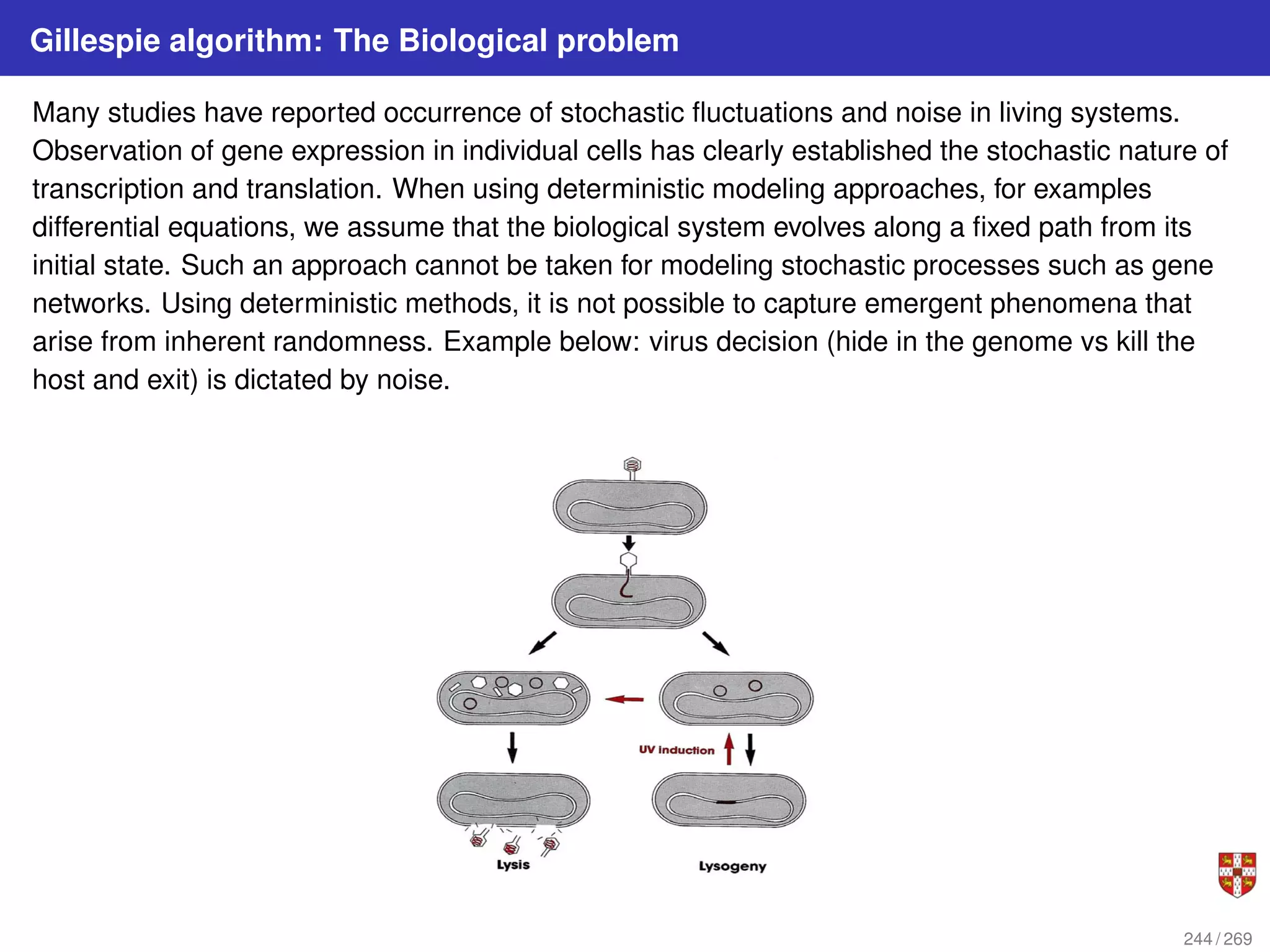 Gillespie algorithm: The Biological problem
Many studies have reported occurrence of stochastic fluctuations and noise in living systems.
Observation of gene expression in individual cells has clearly established the stochastic nature of
transcription and translation. When using deterministic modeling approaches, for examples
differential equations, we assume that the biological system evolves along a fixed path from its
initial state. Such an approach cannot be taken for modeling stochastic processes such as gene
networks. Using deterministic methods, it is not possible to capture emergent phenomena that
arise from inherent randomness. Example below: virus decision (hide in the genome vs kill the
host and exit) is dictated by noise.
244 / 269
 