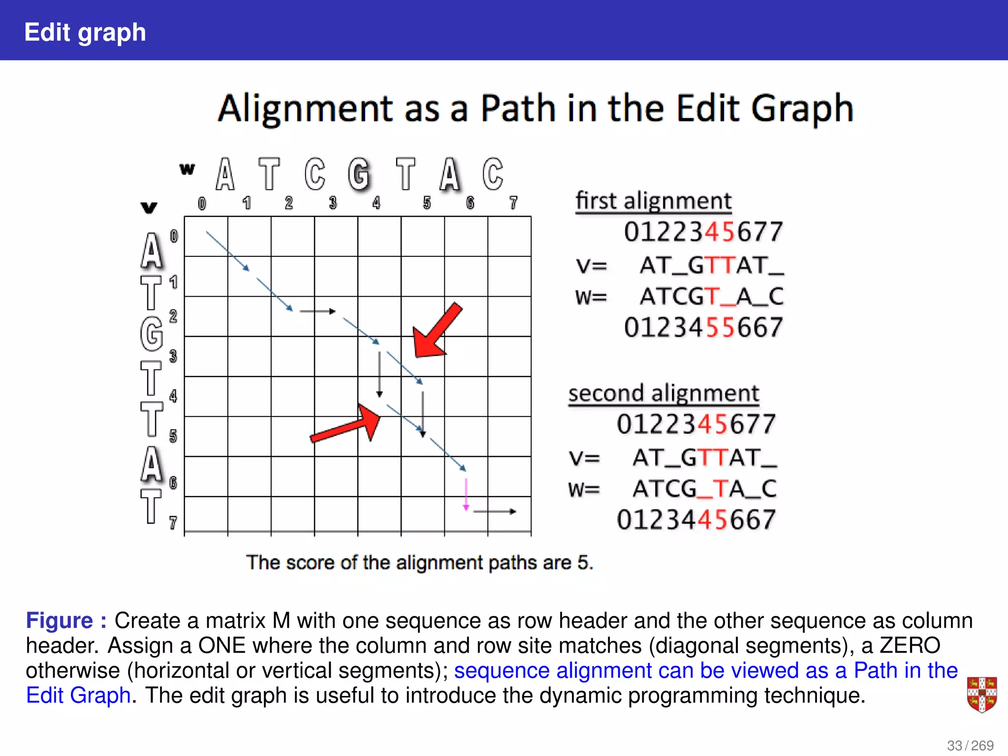 Edit graph
Figure : Create a matrix M with one sequence as row header and the other sequence as column
header. Assign a ONE where the column and row site matches (diagonal segments), a ZERO
otherwise (horizontal or vertical segments); sequence alignment can be viewed as a Path in the
Edit Graph. The edit graph is useful to introduce the dynamic programming technique.
33 / 269
 