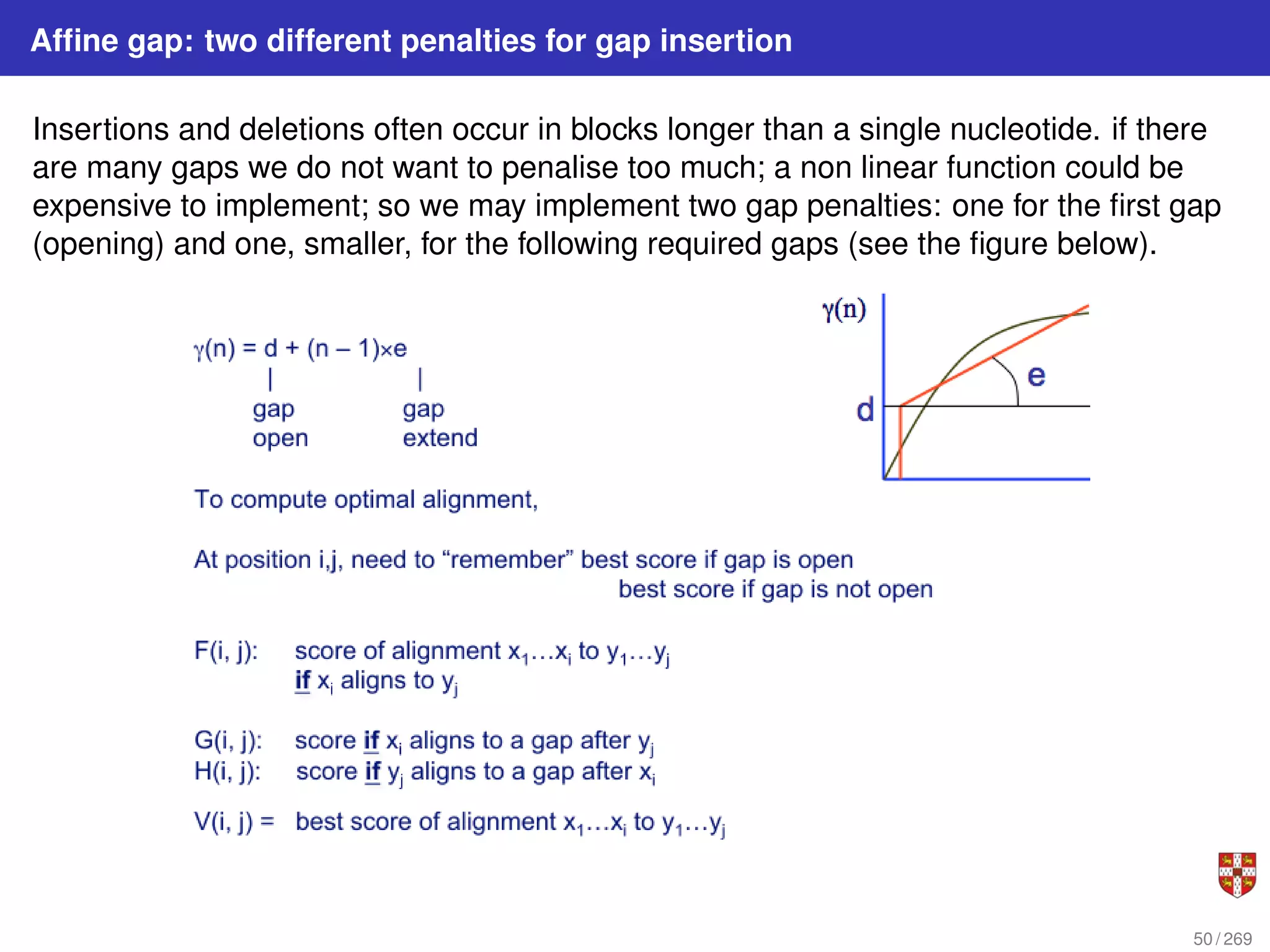 Affine gap: two different penalties for gap insertion
Insertions and deletions often occur in blocks longer than a single nucleotide. if there
are many gaps we do not want to penalise too much; a non linear function could be
expensive to implement; so we may implement two gap penalties: one for the first gap
(opening) and one, smaller, for the following required gaps (see the figure below).
50 / 269
 