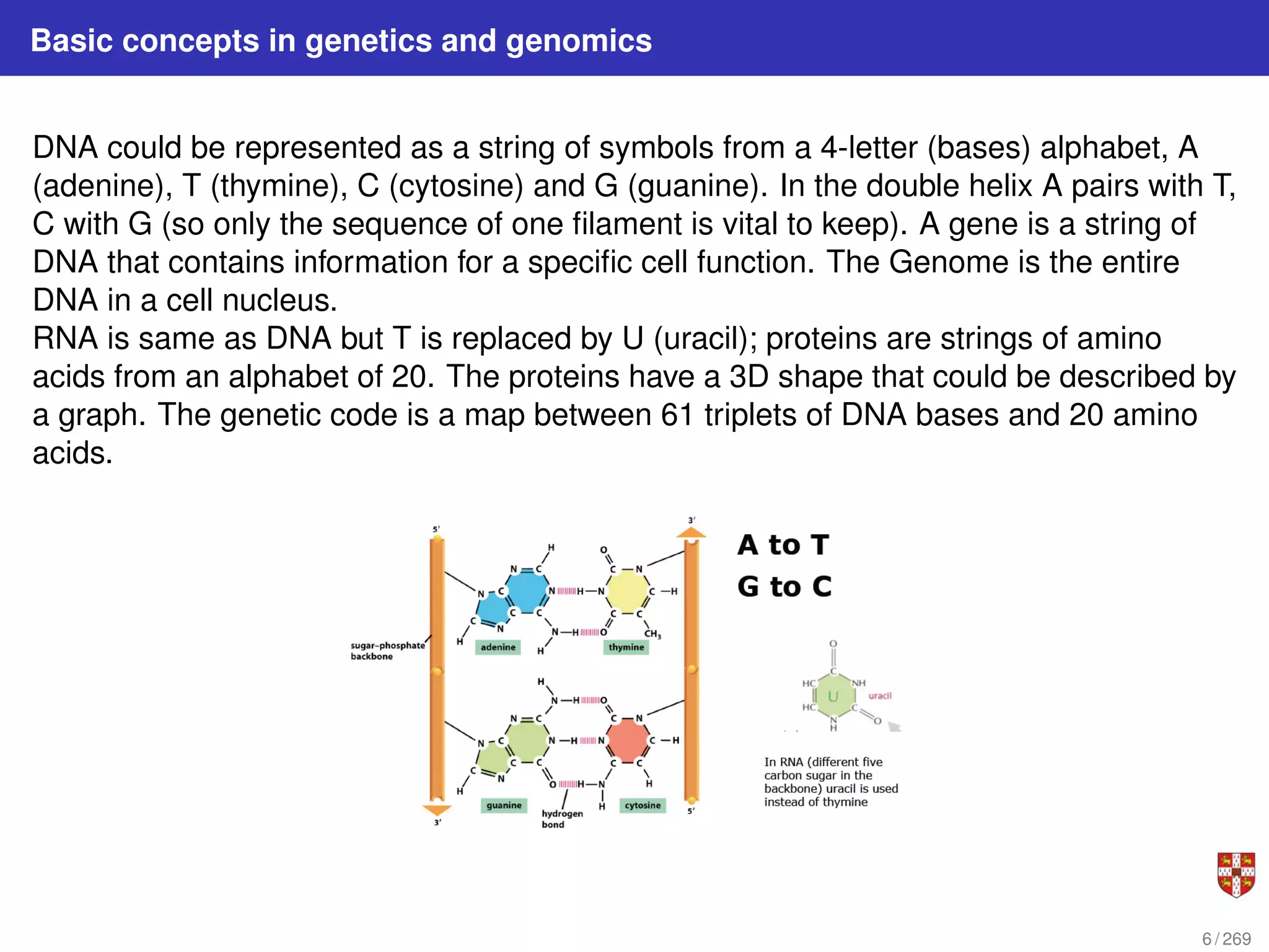 Basic concepts in genetics and genomics
DNA could be represented as a string of symbols from a 4-letter (bases) alphabet, A
(adenine), T (thymine), C (cytosine) and G (guanine). In the double helix A pairs with T,
C with G (so only the sequence of one filament is vital to keep). A gene is a string of
DNA that contains information for a specific cell function. The Genome is the entire
DNA in a cell nucleus.
RNA is same as DNA but T is replaced by U (uracil); proteins are strings of amino
acids from an alphabet of 20. The proteins have a 3D shape that could be described by
a graph. The genetic code is a map between 61 triplets of DNA bases and 20 amino
acids.
6 / 269
 