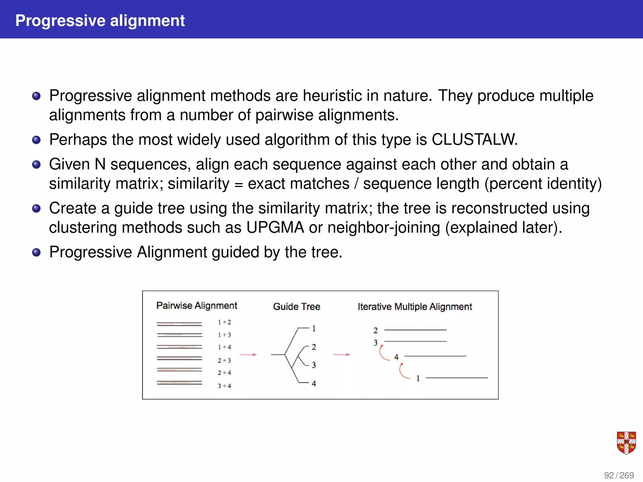 Progressive alignment
Progressive alignment methods are heuristic in nature. They produce multiple
alignments from a number of pairwise alignments.
Perhaps the most widely used algorithm of this type is CLUSTALW.
Given N sequences, align each sequence against each other and obtain a
similarity matrix; similarity = exact matches / sequence length (percent identity)
Create a guide tree using the similarity matrix; the tree is reconstructed using
clustering methods such as UPGMA or neighbor-joining (explained later).
Progressive Alignment guided by the tree.
92 / 269
 