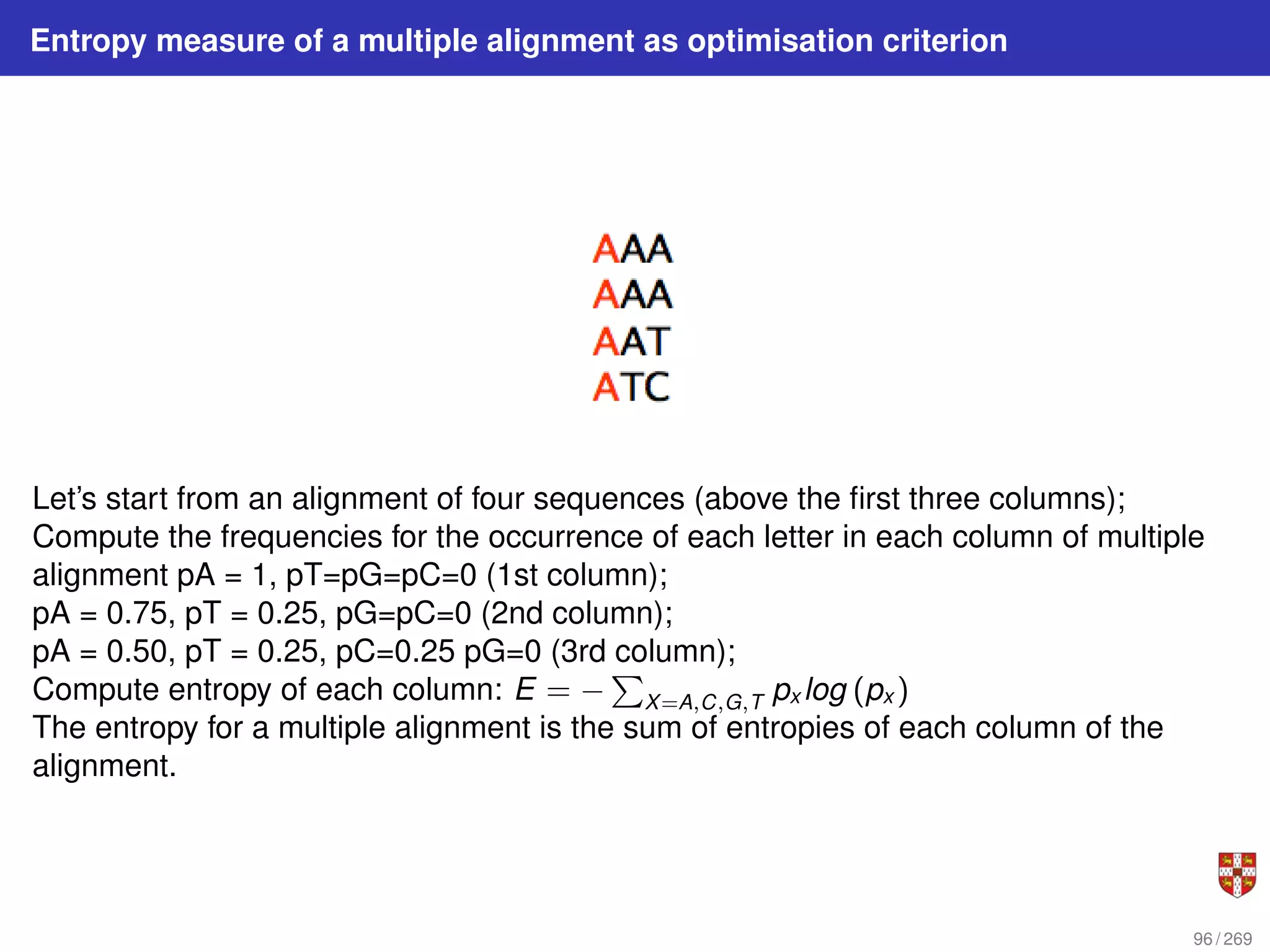 Entropy measure of a multiple alignment as optimisation criterion
Let’s start from an alignment of four sequences (above the first three columns);
Compute the frequencies for the occurrence of each letter in each column of multiple
alignment pA = 1, pT=pG=pC=0 (1st column);
pA = 0.75, pT = 0.25, pG=pC=0 (2nd column);
pA = 0.50, pT = 0.25, pC=0.25 pG=0 (3rd column);
Compute entropy of each column: E = −
P
X=A,C,G,T px log (px )
The entropy for a multiple alignment is the sum of entropies of each column of the
alignment.
96 / 269
 