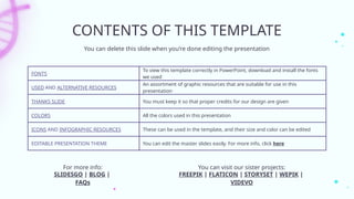 CONTENTS OF THIS TEMPLATE
FONTS
To view this template correctly in PowerPoint, download and install the fonts
we used
USED AND ALTERNATIVE RESOURCES
An assortment of graphic resources that are suitable for use in this
presentation
THANKS SLIDE You must keep it so that proper credits for our design are given
COLORS All the colors used in this presentation
ICONS AND INFOGRAPHIC RESOURCES These can be used in the template, and their size and color can be edited
EDITABLE PRESENTATION THEME You can edit the master slides easily. For more info, click here
You can delete this slide when you’re done editing the presentation
For more info:
SLIDESGO | BLOG |
FAQs
You can visit our sister projects:
FREEPIK | FLATICON | STORYSET | WEPIK |
VIDEVO
 