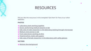 RESOURCES
Did you like the resources in this template? Get them for free at our other
websites:
PHOTOS
● Laboratory team working together
● Doctor performing medical research in lab
● Side view of male researcher in the laboratory looking through microscope
● Medium shot woman in lab
● Front view doctor working at clinic
● Cheerful ethnic medic with papers
● Side view of female researcher in the laboratory with safety glasses
VECTORS
● Abstract dna background
 