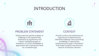 CONTEXT
INTRODUCTION
Provide context and emphasize the
importance of addressing the
identified challenge. Discuss existing
knowledge or approaches,
emphasizing the gaps or limitations
that hinder progress and drive the
need for innovative solutions
Clearly state the specific problem or
challenge in the medical field.
Emphasize its significance and
impact, highlighting gaps or
limitations in current knowledge or
approaches that motivate the need
for a breakthrough
PROBLEM STATEMENT
 