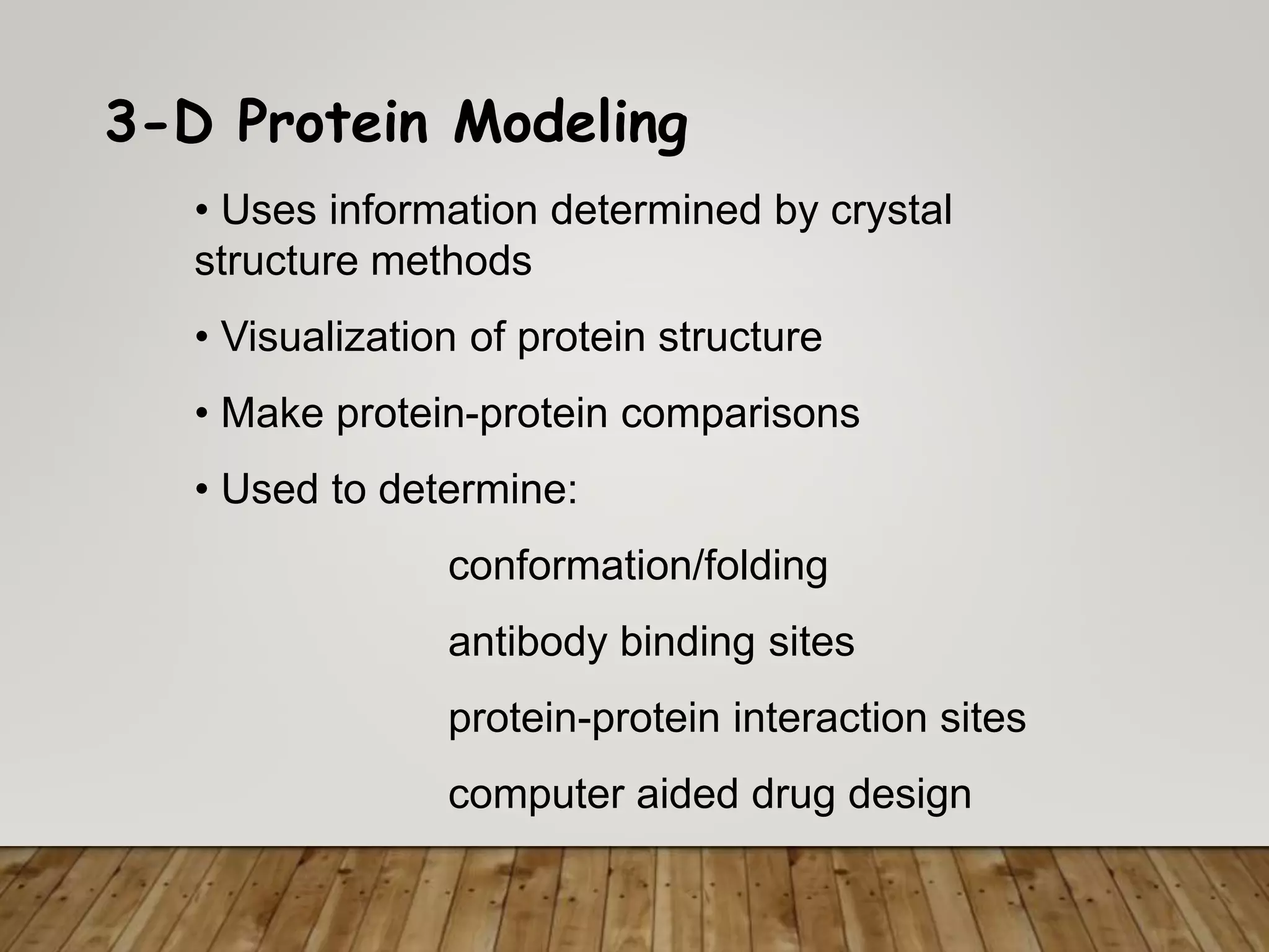 3-D Protein Modeling
• Uses information determined by crystal
structure methods
• Visualization of protein structure
• Make protein-protein comparisons
• Used to determine:
conformation/folding
antibody binding sites
protein-protein interaction sites
computer aided drug design
 