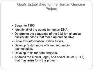 Goals Established for the Human Genome
Project
 Began in 1990
 Identify all of the genes in human DNA.
 Determine the sequence of the 3 billion chemical
nucleotide bases that make up human DNA.
 Store this information in data bases.
 Develop faster, more efficient sequencing
technologies.
 Develop tools for data analysis.
 Address the ethical, legal, and social issues (ELSI)
that may arise form the project.
 