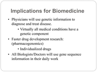 Implications for Biomedicine
• Physicians will use genetic information to
diagnose and treat disease.
• Virtually all medical conditions have a
genetic component
• Faster drug development research:
(pharmacogenomics)
• Individualized drugs
• All Biologists/Doctors will use gene sequence
information in their daily work
 