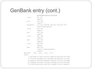 GenBank entry (cont.)
TADTFRKLFRVYSNFLRGKLKLYTGEACRTGDR"
intron 628..1193
/number=1
exon 1194..1339
/number=2
mat_peptide join(1262..1339,1596..1682,2294..2473,2608..2760)
/product="erythropoietin"
intron 1340..1595
/number=2
exon 1596..1682
/number=3
intron 1683..2293
/number=3
exon 2294..2473
/number=4
intron 2474..2607
/number=4
exon 2608..3327
/note="3' untranslated region"
/number=5
BASE COUNT 698 a 1034 c 991 g 675 t
ORIGIN
1 agcttctggg cttccagacc cagctacttt gcggaactca gcaacccagg catctctgag
61 tctccgccca agaccgggat gccccccagg aggtgtccgg gagcccagcc tttcccagat
121 agcagctccg ccagtcccaa gggtgcgcaa ccggctgcac tcccctcccg cgacccaggg
181 cccgggagca gcccccatga cccacacgca cgtctgcagc agccccgtca gccccggagc
241 ctcaacccag gcgtcctgcc cctgctctga ccccgggtgg cccctacccc tggcgacccc
 