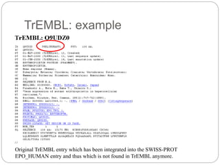 TrEMBL: example
Original TrEMBL entry which has been integrated into the SWISS-PROT
EPO_HUMAN entry and thus which is not found in TrEMBL anymore.
 