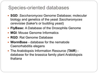Species-oriented databases
 SGD: Saccharomyces Genome Database; molecular
biology and genetics of the yeast Saccharomyces
cerevisiae (baker's or budding yeast)
 FlyBase: A Database of the Drosophila Genome
 MGI: Mouse Genome Informatics
 RGD: Rat Genome Database
 WormBase - database for the nematode
Caenorhabditis elegans
 The Arabidopsis Information Resource (TAIR) -
database for the brassica family plant Arabidopsis
thaliana
Mouse Genome Informatics
 