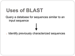 Uses of BLAST
 Identify previously characterized sequences
Query a database for sequences similar to an
input sequence
 
