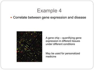  Correlate between gene expression and disease
Example 4
A gene chip – quantifying gene
expression in different tissues
under different conditions
May be used for personalized
medicine
 