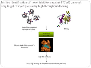 Top 100 solutions
Out of top 40 only 10 compounds available for purchase
Drug-like compound
library (1,000,00)
Molecular
docking
Ligand docked into protein’s
active site
Insilico identification of novel inhibitors against PfClpQ , a novel
drug target of P.falciparum by high throughput docking
PfclpQ
 