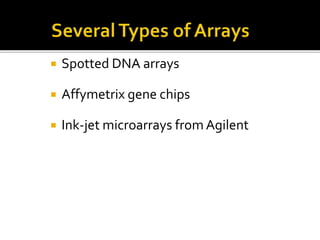  Spotted DNA arrays
 Affymetrix gene chips
 Ink-jet microarrays from Agilent
 