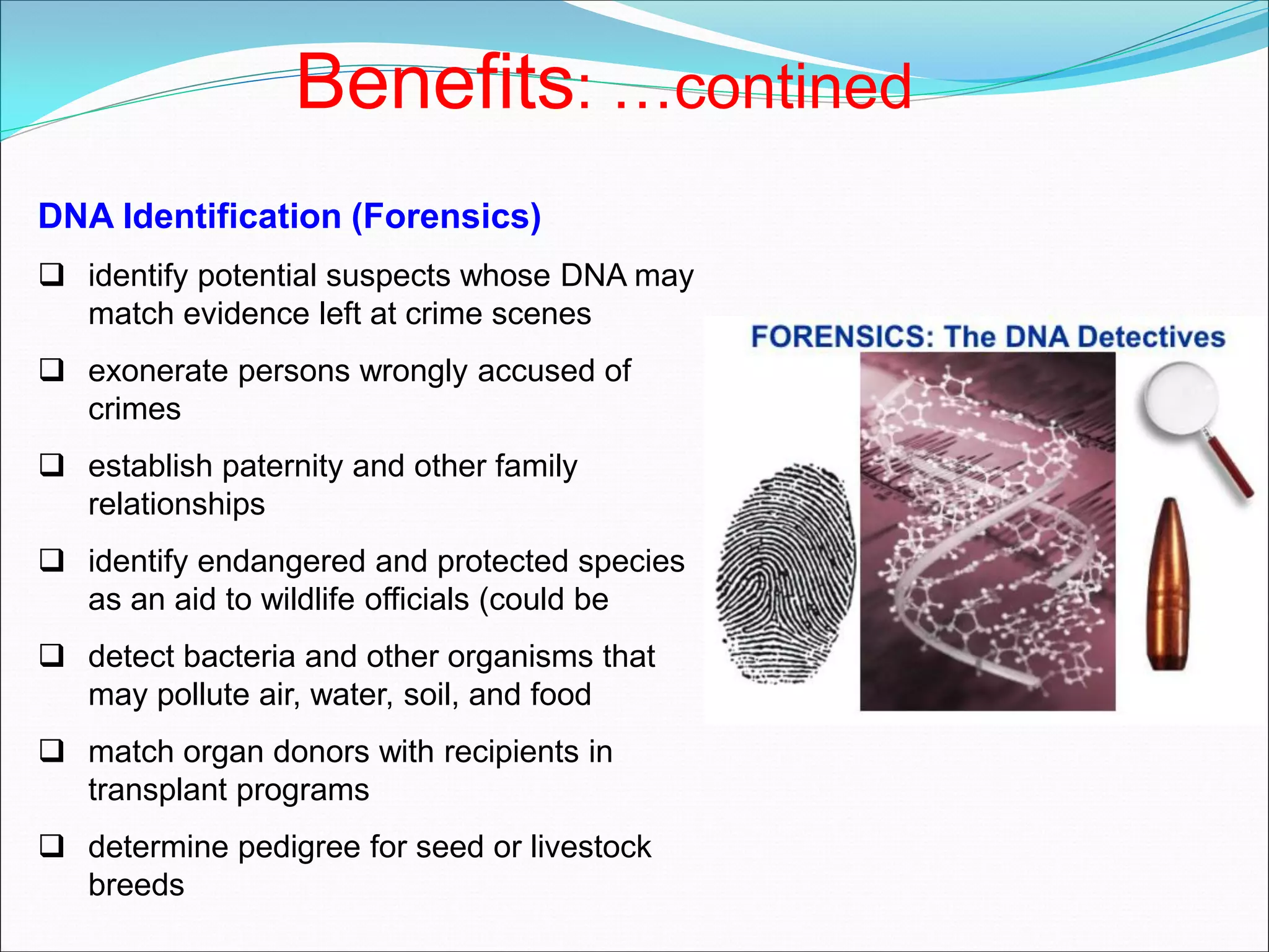 DNA Identification (Forensics)
 identify potential suspects whose DNA may
match evidence left at crime scenes
 exonerate persons wrongly accused of
crimes
 establish paternity and other family
relationships
 identify endangered and protected species
as an aid to wildlife officials (could be
 detect bacteria and other organisms that
may pollute air, water, soil, and food
 match organ donors with recipients in
transplant programs
 determine pedigree for seed or livestock
breeds
Benefits: …contined
 