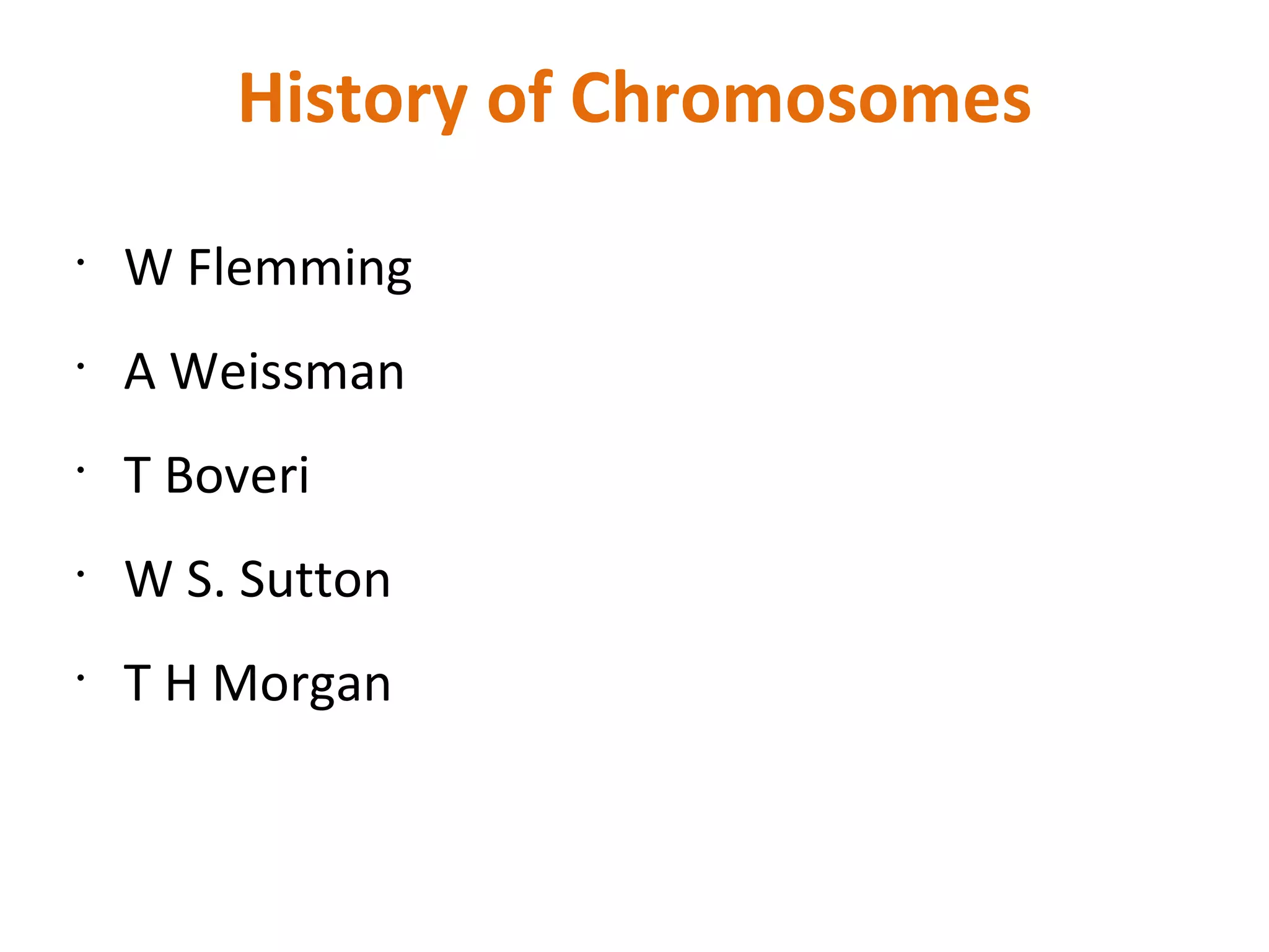 History of Chromosomes W Flemming A Weissman T Boveri W S. Sutton T H Morgan 
