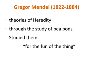 Gregor Mendel (1822-1884) theories of Heredity through the study of pea pods. Studied them  “ for the fun of the thing” 
