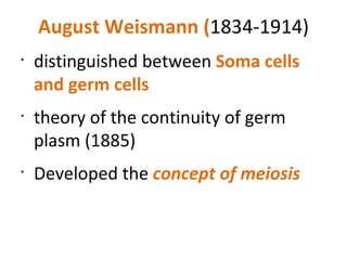 August Weismann ( 1834-1914) distinguished between  Soma cells and germ cells  theory of the continuity of germ plasm (1885) Developed the  concept of meiosis 