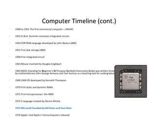 Computer Timeline (cont.) 1948 to 1951 The first commercial computer – UNIVAC 1952 G.W.A. Dummer conceives integrated circuits 1954 FORTRAN language developed by John Backus (IBM) 1955 First disk storage (IBM) 1958 First integrated circuit 1963 Mouse invented by Douglas Englebart 1963 BASIC (standing for  B eginner's  A ll Purpose  S ymbolic  I nstruction  C ode) was written (invented) at Dartmouth College, by mathematicians John George Kemeny and Tom Kurtzas as a teaching tool for undergraduates  1969 UNIX OS developed by Kenneth Thompson 1970 First static and dynamic RAMs 1971 First microprocessor: the 4004 1972 C language created by Dennis Ritchie 1975 Microsoft founded by Bill Gates and Paul Allen 1976 Apple I and Apple II microcomputers released 1981 First IBM PC with DOS 1985 Microsoft Windows introduced 1985 C++ language introduced 1992  Pentium processor 1993 First PDA 1994 JAVA introduced by James Gosling 1994 Csharp language introduced 