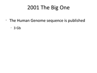 2001 The Big One The Human Genome sequence is published 3 Gb 