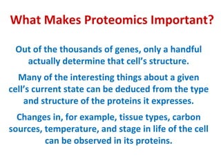 What Makes Proteomics Important? Out of the thousands of genes, only a handful actually determine that cell’s structure. Many of the interesting things about a given cell’s current state can be deduced from the type and structure of the proteins it expresses. Changes in, for example, tissue types, carbon sources, temperature, and stage in life of the cell can be observed in its proteins. 