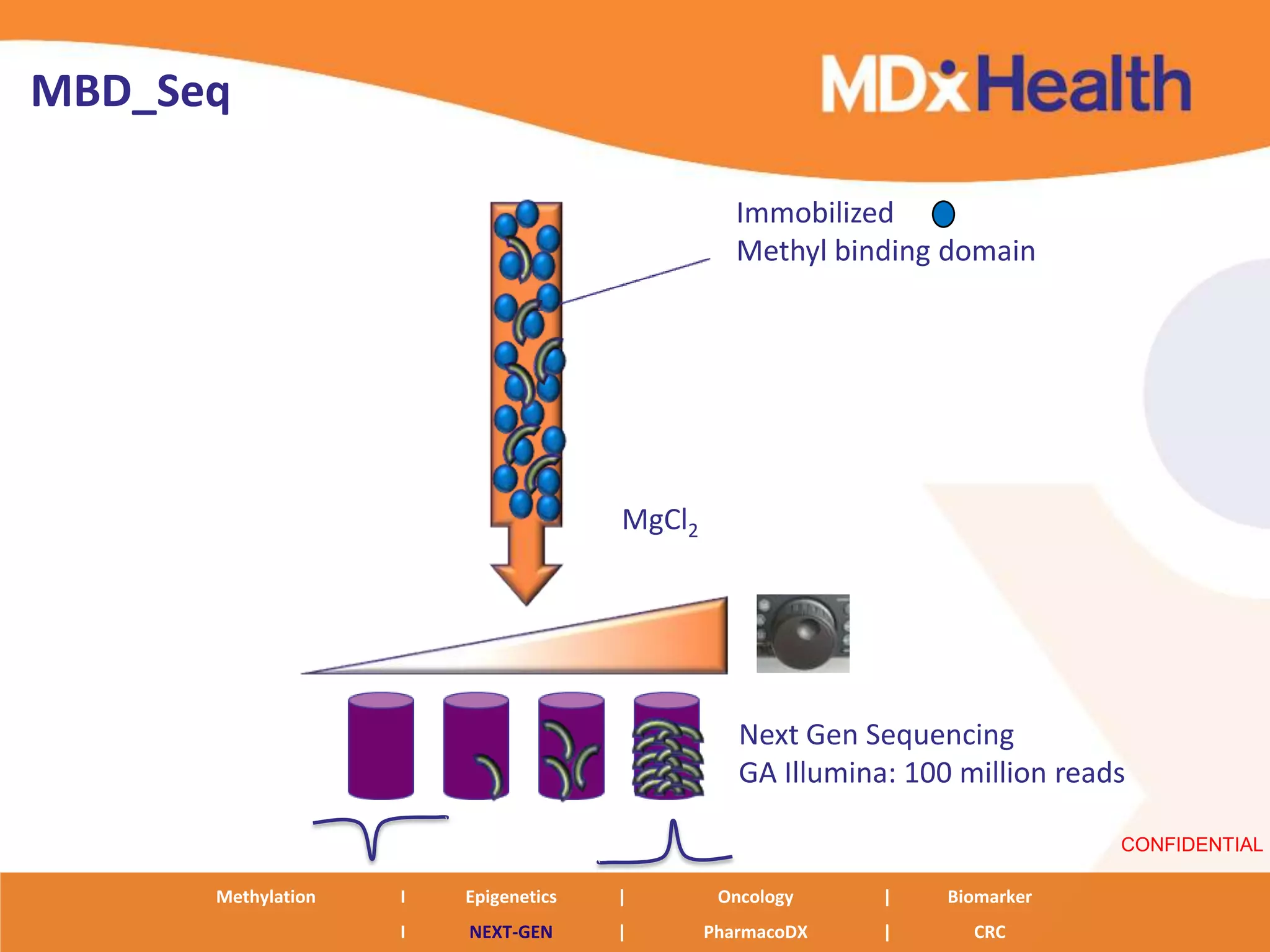 MBD_Seq

                                                 Immobilized
                                                 Methyl binding domain




                                      MgCl2




                                                 Next Gen Sequencing
                                                 GA Illumina: 100 million reads

                                                                              CONFIDENTIAL

      Methylation   I   Epigenetics   |        Oncology     |    Biomarker
                    I   NEXT-GEN      |       PharmacoDX    |      CRC
 
