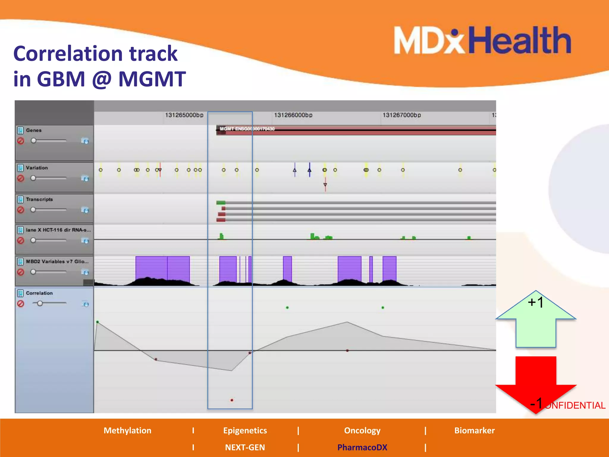 Correlation track
in GBM @ MGMT




                                                                         +1




                                                                         -1
                                                                          CONFIDENTIAL

        Methylation   I   Epigenetics   |    Oncology    |   Biomarker
                                                                                  143
                      I   NEXT-GEN      |   PharmacoDX   |
 