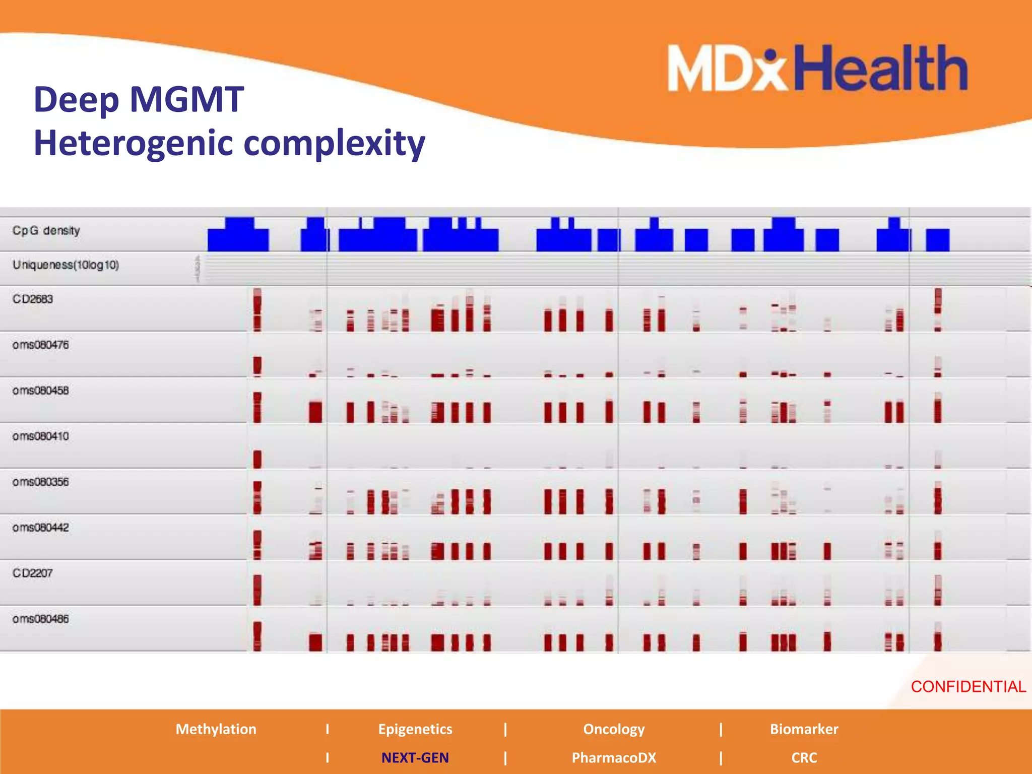 Deep MGMT
Heterogenic complexity




                                                                        CONFIDENTIAL

       Methylation   I   Epigenetics   |    Oncology    |   Biomarker
                     I   NEXT-GEN      |   PharmacoDX   |     CRC
 