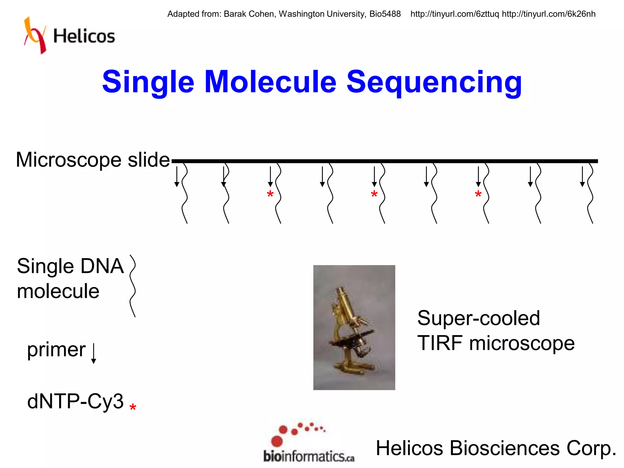 Adapted from: Barak Cohen, Washington University, Bio5488   http://tinyurl.com/6zttuq http://tinyurl.com/6k26nh




          Single Molecule Sequencing

Microscope slide
                                       *                        *                           *


Single DNA
molecule
                                                                            Super-cooled
 primer                                                                     TIRF microscope

 dNTP-Cy3 *

                                                                 Helicos Biosciences Corp.
 