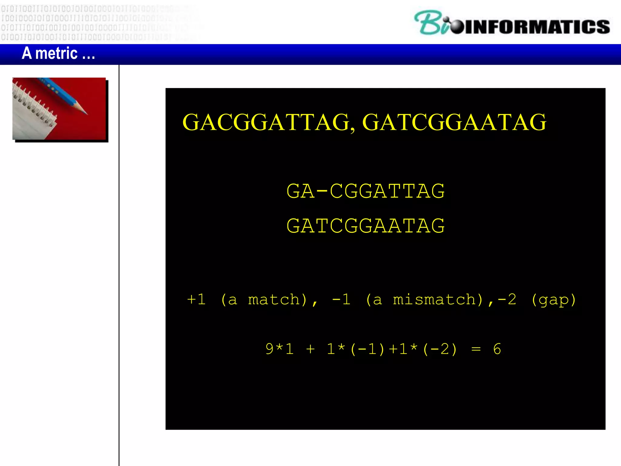 A metric …



             GACGGATTAG, GATCGGAATAG

                      GA-CGGATTAG
                      GATCGGAATAG

             +1 (a match), -1 (a mismatch),-2 (gap)

                    9*1 + 1*(-1)+1*(-2) = 6
 