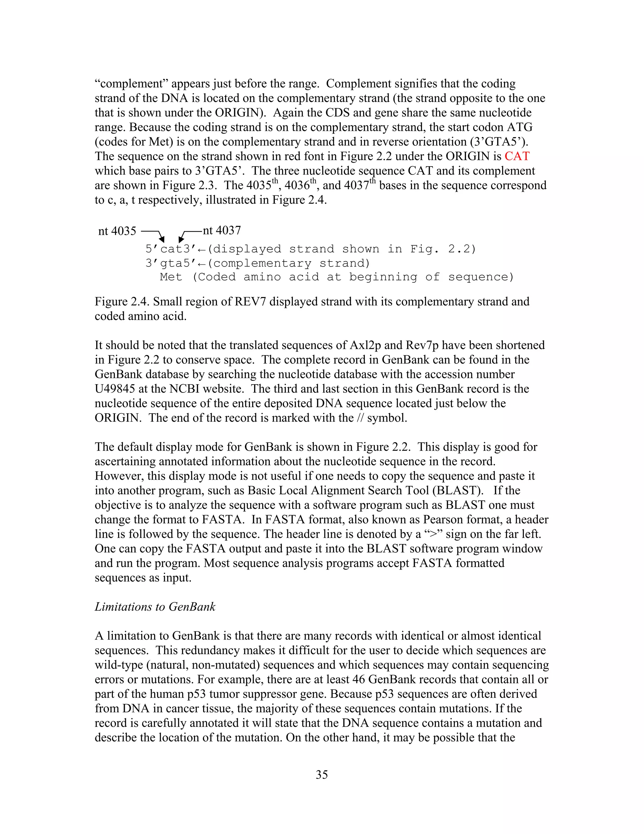 “complement” appears just before the range. Complement signifies that the coding
strand of the DNA is located on the complementary strand (the strand opposite to the one
that is shown under the ORIGIN). Again the CDS and gene share the same nucleotide
range. Because the coding strand is on the complementary strand, the start codon ATG
(codes for Met) is on the complementary strand and in reverse orientation (3’GTA5’).
The sequence on the strand shown in red font in Figure 2.2 under the ORIGIN is CAT
which base pairs to 3’GTA5’. The three nucleotide sequence CAT and its complement
are shown in Figure 2.3. The 4035th
, 4036th
, and 4037th
bases in the sequence correspond
to c, a, t respectively, illustrated in Figure 2.4.
Figure 2.4. Small region of REV7 displayed strand with its complementary strand and
coded amino acid.
It should be noted that the translated sequences of Axl2p and Rev7p have been shortened
in Figure 2.2 to conserve space. The complete record in GenBank can be found in the
GenBank database by searching the nucleotide database with the accession number
U49845 at the NCBI website. The third and last section in this GenBank record is the
nucleotide sequence of the entire deposited DNA sequence located just below the
ORIGIN. The end of the record is marked with the // symbol.
The default display mode for GenBank is shown in Figure 2.2. This display is good for
ascertaining annotated information about the nucleotide sequence in the record.
However, this display mode is not useful if one needs to copy the sequence and paste it
into another program, such as Basic Local Alignment Search Tool (BLAST). If the
objective is to analyze the sequence with a software program such as BLAST one must
change the format to FASTA. In FASTA format, also known as Pearson format, a header
line is followed by the sequence. The header line is denoted by a “>” sign on the far left.
One can copy the FASTA output and paste it into the BLAST software program window
and run the program. Most sequence analysis programs accept FASTA formatted
sequences as input.
Limitations to GenBank
A limitation to GenBank is that there are many records with identical or almost identical
sequences. This redundancy makes it difficult for the user to decide which sequences are
wild-type (natural, non-mutated) sequences and which sequences may contain sequencing
errors or mutations. For example, there are at least 46 GenBank records that contain all or
part of the human p53 tumor suppressor gene. Because p53 sequences are often derived
from DNA in cancer tissue, the majority of these sequences contain mutations. If the
record is carefully annotated it will state that the DNA sequence contains a mutation and
describe the location of the mutation. On the other hand, it may be possible that the
5’cat3’←(displayed strand shown in Fig. 2.2)
3’gta5’←(complementary strand)
Met (Coded amino acid at beginning of sequence)
nt 4037nt 4035
35
 