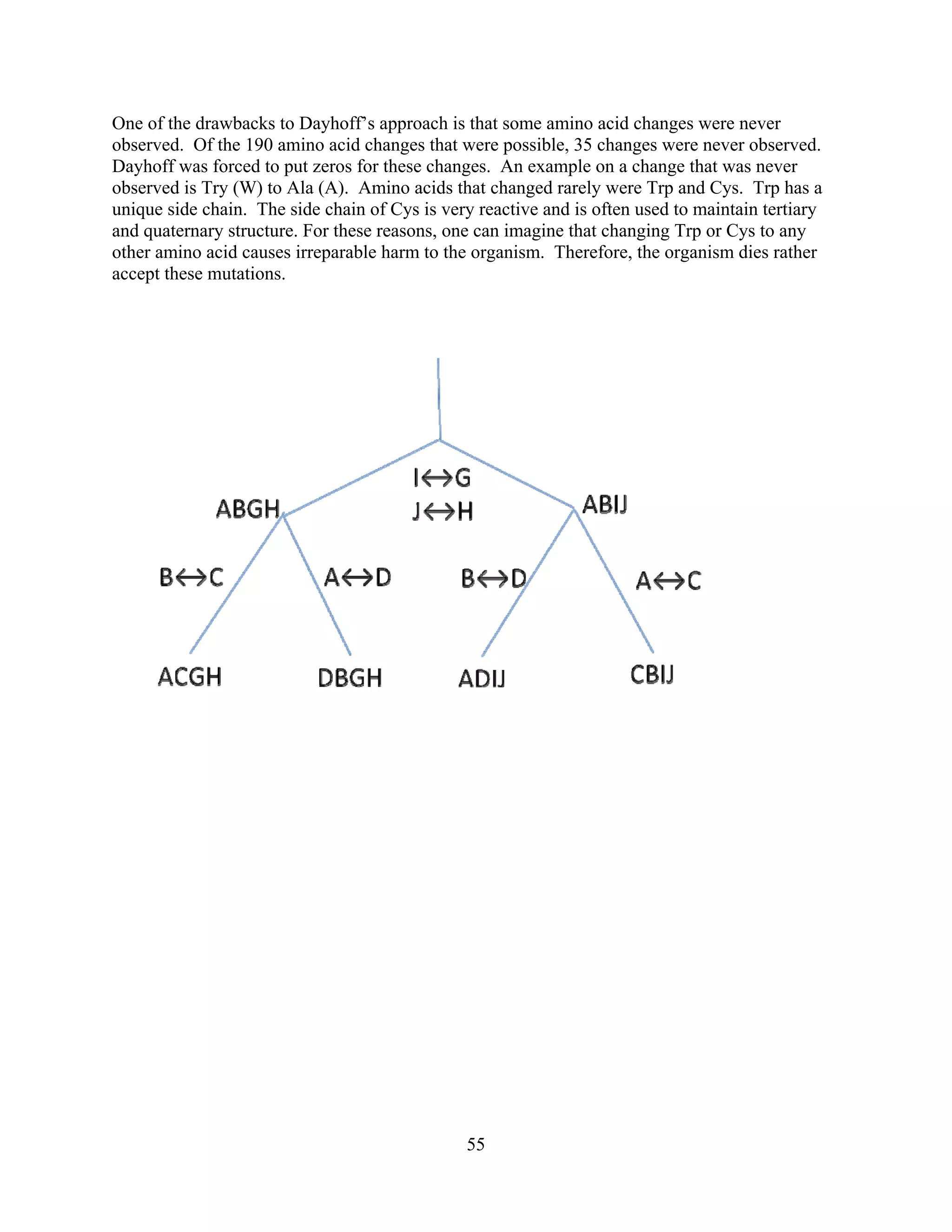One of the drawbacks to Dayhoff’s approach is that some amino acid changes were never
observed. Of the 190 amino acid changes that were possible, 35 changes were never observed.
Dayhoff was forced to put zeros for these changes. An example on a change that was never
observed is Try (W) to Ala (A). Amino acids that changed rarely were Trp and Cys. Trp has a
unique side chain. The side chain of Cys is very reactive and is often used to maintain tertiary
and quaternary structure. For these reasons, one can imagine that changing Trp or Cys to any
other amino acid causes irreparable harm to the organism. Therefore, the organism dies rather
accept these mutations.
55
 