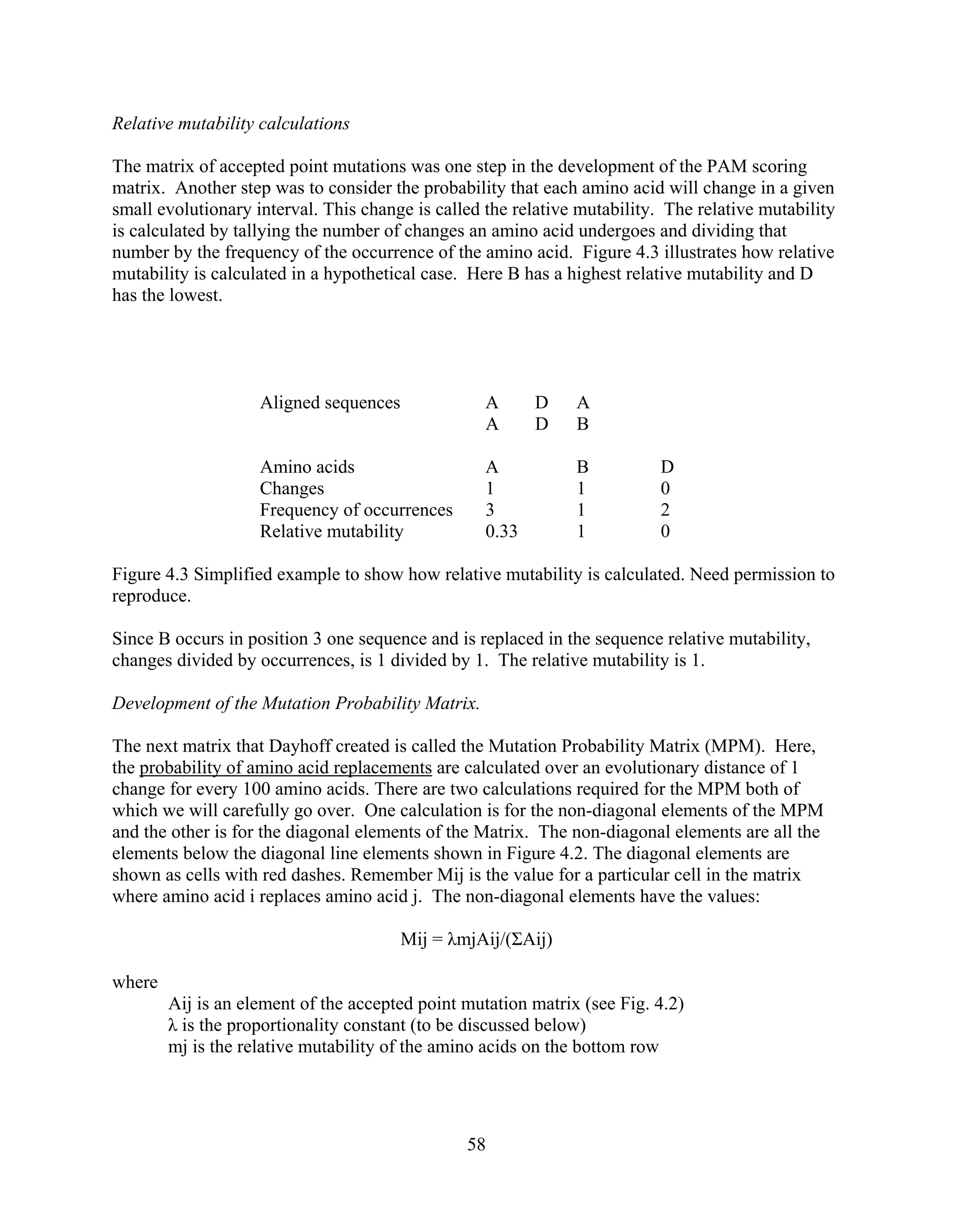 Relative mutability calculations
The matrix of accepted point mutations was one step in the development of the PAM scoring
matrix. Another step was to consider the probability that each amino acid will change in a given
small evolutionary interval. This change is called the relative mutability. The relative mutability
is calculated by tallying the number of changes an amino acid undergoes and dividing that
number by the frequency of the occurrence of the amino acid. Figure 4.3 illustrates how relative
mutability is calculated in a hypothetical case. Here B has a highest relative mutability and D
has the lowest.
Aligned sequences A D A
A D B
Amino acids A B D
Changes 1 1 0
Frequency of occurrences 3 1 2
Relative mutability 0.33 1 0
Figure 4.3 Simplified example to show how relative mutability is calculated. Need permission to
reproduce.
Since B occurs in position 3 one sequence and is replaced in the sequence relative mutability,
changes divided by occurrences, is 1 divided by 1. The relative mutability is 1.
Development of the Mutation Probability Matrix.
The next matrix that Dayhoff created is called the Mutation Probability Matrix (MPM). Here,
the probability of amino acid replacements are calculated over an evolutionary distance of 1
change for every 100 amino acids. There are two calculations required for the MPM both of
which we will carefully go over. One calculation is for the non-diagonal elements of the MPM
and the other is for the diagonal elements of the Matrix. The non-diagonal elements are all the
elements below the diagonal line elements shown in Figure 4.2. The diagonal elements are
shown as cells with red dashes. Remember Mij is the value for a particular cell in the matrix
where amino acid i replaces amino acid j. The non-diagonal elements have the values:
Mij = λmjAij/(ΣAij)
where
Aij is an element of the accepted point mutation matrix (see Fig. 4.2)
λ is the proportionality constant (to be discussed below)
mj is the relative mutability of the amino acids on the bottom row
58
 
