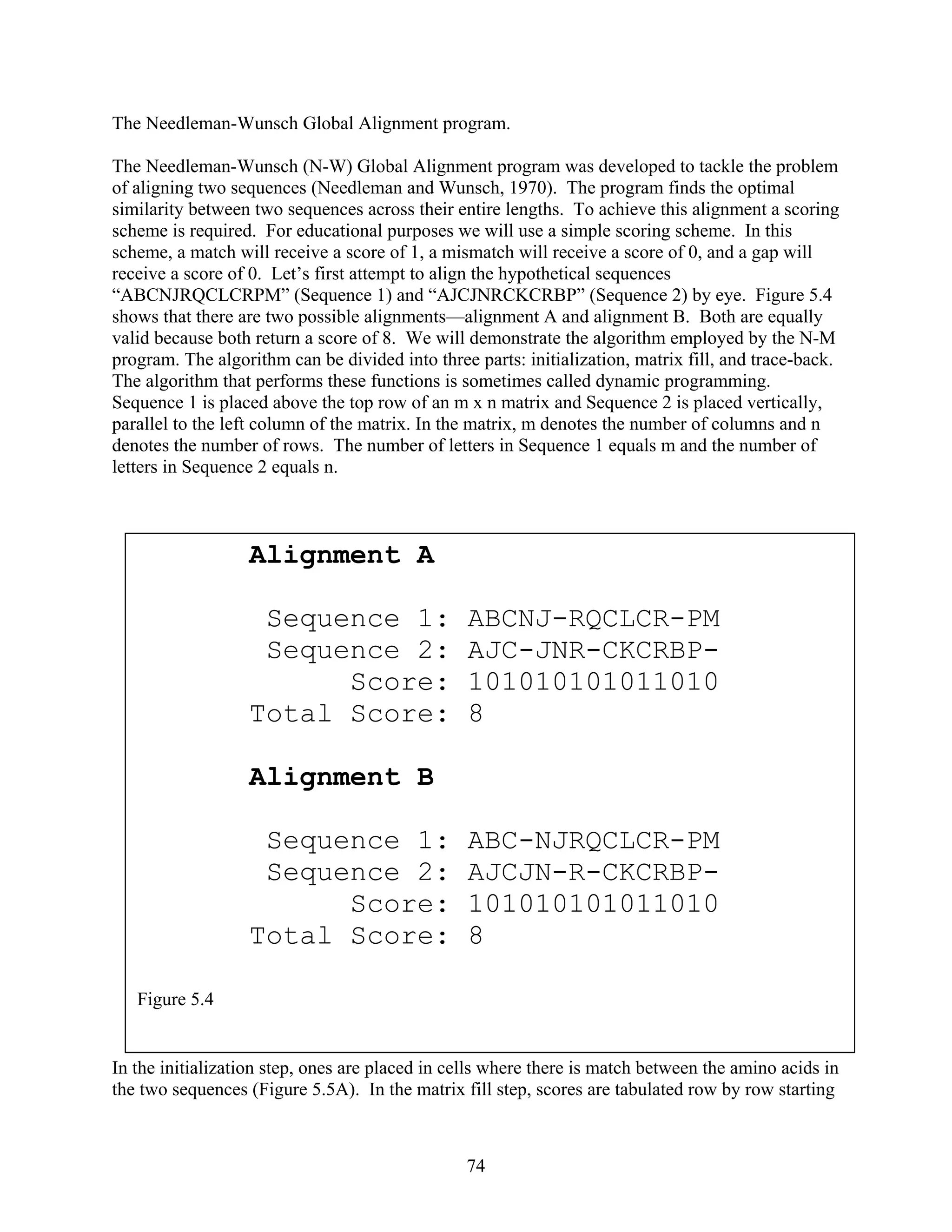 The Needleman-Wunsch Global Alignment program.
The Needleman-Wunsch (N-W) Global Alignment program was developed to tackle the problem
of aligning two sequences (Needleman and Wunsch, 1970). The program finds the optimal
similarity between two sequences across their entire lengths. To achieve this alignment a scoring
scheme is required. For educational purposes we will use a simple scoring scheme. In this
scheme, a match will receive a score of 1, a mismatch will receive a score of 0, and a gap will
receive a score of 0. Let’s first attempt to align the hypothetical sequences
“ABCNJRQCLCRPM” (Sequence 1) and “AJCJNRCKCRBP” (Sequence 2) by eye. Figure 5.4
shows that there are two possible alignments—alignment A and alignment B. Both are equally
valid because both return a score of 8. We will demonstrate the algorithm employed by the N-M
program. The algorithm can be divided into three parts: initialization, matrix fill, and trace-back.
The algorithm that performs these functions is sometimes called dynamic programming.
Sequence 1 is placed above the top row of an m x n matrix and Sequence 2 is placed vertically,
parallel to the left column of the matrix. In the matrix, m denotes the number of columns and n
denotes the number of rows. The number of letters in Sequence 1 equals m and the number of
letters in Sequence 2 equals n.
Figure 5.4
Alignment A
Sequence 1: ABCNJ-RQCLCR-PM
Sequence 2: AJC-JNR-CKCRBP-
Score: 101010101011010
Total Score: 8
Alignment B
Sequence 1: ABC-NJRQCLCR-PM
Sequence 2: AJCJN-R-CKCRBP-
Score: 101010101011010
Total Score: 8
In the initialization step, ones are placed in cells where there is match between the amino acids in
the two sequences (Figure 5.5A). In the matrix fill step, scores are tabulated row by row starting
74
 