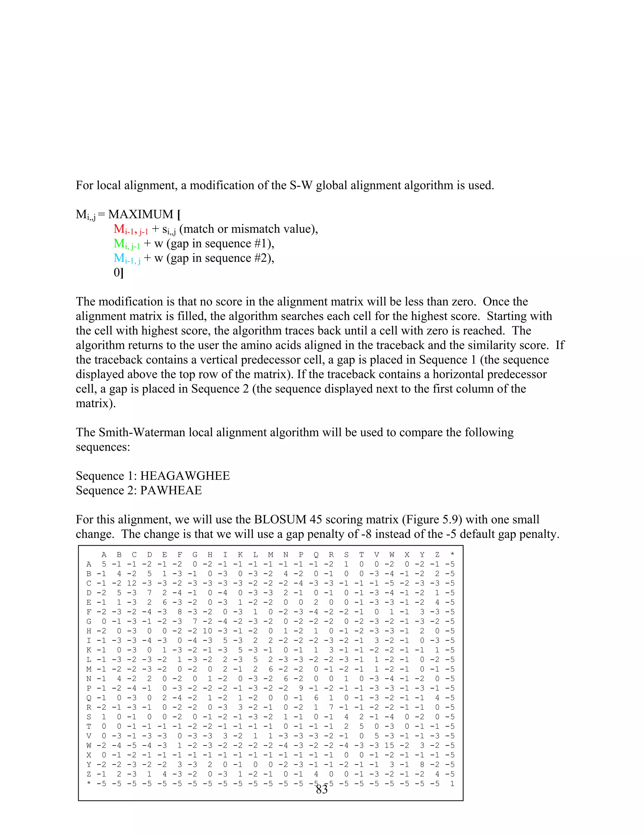 For local alignment, a modification of the S-W global alignment algorithm is used.
value),
p in sequence #2),
0]
ith
If
or
is placed in Sequence 2 (the sequence displayed next to the first column of the
atrix).
aterman local alignment algorithm will be used to compare the following
quences:
EE
equence 2: PAWHEAE
fault gap penalty.
Mi,,j = MAXIMUM [
Mi-1, j-1 + si,,j (match or mismatch
Mi, j-1 + w (gap in sequence #1),
Mi-1, j + w (ga
The modification is that no score in the alignment matrix will be less than zero. Once the
alignment matrix is filled, the algorithm searches each cell for the highest score. Starting w
the cell with highest score, the algorithm traces back until a cell with zero is reached. The
algorithm returns to the user the amino acids aligned in the traceback and the similarity score.
the traceback contains a vertical predecessor cell, a gap is placed in Sequence 1 (the sequence
displayed above the top row of the matrix). If the traceback contains a horizontal predecess
cell, a gap
m
The Smith-W
se
Sequence 1: HEAGAWGH
S
For this alignment, we will use the BLOSUM 45 scoring matrix (Figure 5.9) with one small
change. The change is that we will use a gap penalty of -8 instead of the -5 de
A B C D E F G H I K L M N P Q R S T V W X Y Z *
A 5 -1 -1 -2 -1 -2 0 -2 -1 -1 -1 -1 -1 -1 -1 -2 1 0 0 -2 0 -2 -1 -5
B -1 4 -2 5 1 -3 -1 0 -3 0 -3 -2 4 -2 0 -1 0 0 -3 -4 -1 -2 2 -5
C -1 -2 12 -3 -3 -2 -3 -3 -3 -3 -2 -2 -2 -4 -3 -3 -1 -1 -1 -5 -2 -3 -3 -5
D -2 5 -3 7 2 -4 -1 0 -4 0 -3 -3 2 -1 0 -1 0 -1 -3 -4 -1 -2 1 -5
E -1 1 -3 2 6 -3 -2 0 -3 1 -2 -2 0 0 2 0 0 -1 -3 -3 -1 -2 4 -5
F -2 -3 -2 -4 -3 8 -3 -2 0 -3 1 0 -2 -3 -4 -2 -2 -1 0 1 -1 3 -3 -5
G 0 -1 -3 -1 -2 -3 7 -2 -4 -2 -3 -2 0 -2 -2 -2 0 -2 -3 -2 -1 -3 -2 -5
H -2 0 -3 0 0 -2 -2 10 -3 -1 -2 0 1 -2 1 0 -1 -2 -3 -3 -1 2 0 -5
I -1 -3 -3 -4 -3 0 -4 -3 5 -3 2 2 -2 -2 -2 -3 -2 -1 3 -2 -1 0 -3 -5
K -1 0 -3 0 1 -3 -2 -1 -3 5 -3 -1 0 -1 1 3 -1 -1 -2 -2 -1 -1 1 -5
L -1 -3 -2 -3 -2 1 -3 -2 2 -3 5 2 -3 -3 -2 -2 -3 -1 1 -2 -1 0 -2 -5
M -1 -2 -2 -3 -2 0 -2 0 2 -1 2 6 -2 -2 0 -1 -2 -1 1 -2 -1 0 -1 -5
N -1 4 -2 2 0 -2 0 1 -2 0 -3 -2 6 -2 0 0 1 0 -3 -4 -1 -2 0 -5
P -1 -2 -4 -1 0 -3 -2 -2 -2 -1 -3 -2 -2 9 -1 -2 -1 -1 -3 -3 -1 -3 -1 -5
Q -1 0 -3 0 2 -4 -2 1 -2 1 -2 0 0 -1 6 1 0 -1 -3 -2 -1 -1 4 -5
R -2 -1 -3 -1 0 -2 -2 0 -3 3 -2 -1 0 -2 1 7 -1 -1 -2 -2 -1 -1 0 -5
S 1 0 -1 0 0 -2 0 -1 -2 -1 -3 -2 1 -1 0 -1 4 2 -1 -4 0 -2 0 -5
T 0 0 -1 -1 -1 -1 -2 -2 -1 -1 -1 -1 0 -1 -1 -1 2 5 0 -3 0 -1 -1 -5
V 0 -3 -1 -3 -3 0 -3 -3 3 -2 1 1 -3 -3 -3 -2 -1 0 5 -3 -1 -1 -3 -5
W -2 -4 -5 -4 -3 1 -2 -3 -2 -2 -2 -2 -4 -3 -2 -2 -4 -3 -3 15 -2 3 -2 -5
X 0 -1 -2 -1 -1 -1 -1 -1 -1 -1 -1 -1 -1 -1 -1 -1 0 0 -1 -2 -1 -1 -1 -5
83
Y -2 -2 -3 -2 -2 3 -3 2 0 -1 0 0 -2 -3 -1 -1 -2 -1 -1 3 -1 8 -2 -5
Z -1 2 -3 1 4 -3 -2 0 -3 1 -2 -1 0 -1 4 0 0 -1 -3 -2 -1 -2 4 -5
* -5 -5 -5 -5 -5 -5 -5 -5 -5 -5 -5 -5 -5 -5 -5 -5 -5 -5 -5 -5 -5 -5 -5 1
 