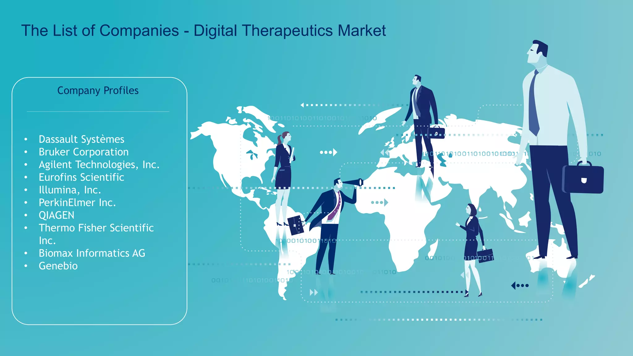 The List of Companies - Digital Therapeutics Market
Company Profiles
• Dassault Systèmes
• Bruker Corporation
• Agilent Technologies, Inc.
• Eurofins Scientific
• Illumina, Inc.
• PerkinElmer Inc.
• QIAGEN
• Thermo Fisher Scientific
Inc.
• Biomax Informatics AG
• Genebio
 