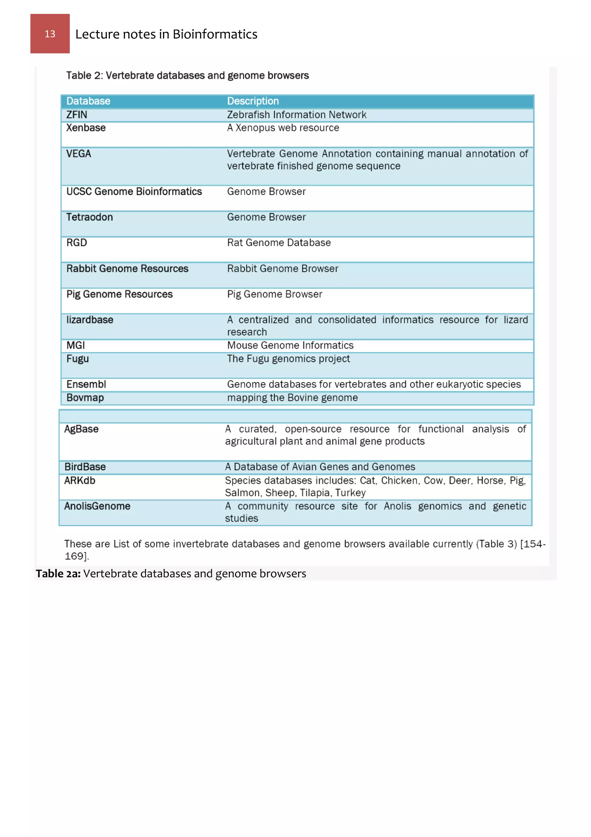 13 Lecture notes in Bioinformatics
Table 2a: Vertebrate databases and genome browsers
 