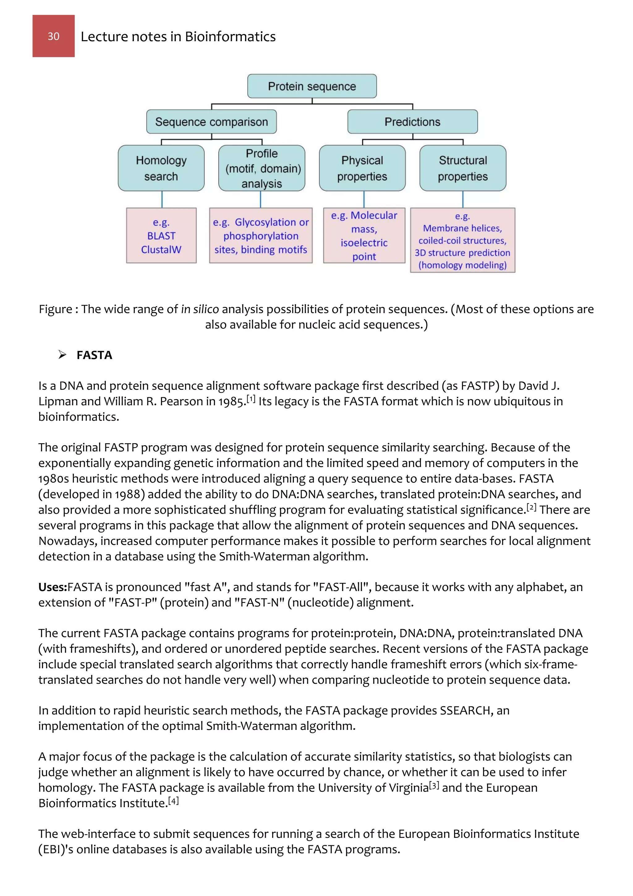 30 Lecture notes in Bioinformatics
Figure : The wide range of in silico analysis possibilities of protein sequences. (Most of these options are
also available for nucleic acid sequences.)
 FASTA
Is a DNA and protein sequence alignment software package first described (as FASTP) by David J.
Lipman and William R. Pearson in 1985.[1] Its legacy is the FASTA format which is now ubiquitous in
bioinformatics.
The original FASTP program was designed for protein sequence similarity searching. Because of the
exponentially expanding genetic information and the limited speed and memory of computers in the
1980s heuristic methods were introduced aligning a query sequence to entire data-bases. FASTA
(developed in 1988) added the ability to do DNA:DNA searches, translated protein:DNA searches, and
also provided a more sophisticated shuffling program for evaluating statistical significance.[2] There are
several programs in this package that allow the alignment of protein sequences and DNA sequences.
Nowadays, increased computer performance makes it possible to perform searches for local alignment
detection in a database using the Smith-Waterman algorithm.
Uses:FASTA is pronounced "fast A", and stands for "FAST-All", because it works with any alphabet, an
extension of "FAST-P" (protein) and "FAST-N" (nucleotide) alignment.
The current FASTA package contains programs for protein:protein, DNA:DNA, protein:translated DNA
(with frameshifts), and ordered or unordered peptide searches. Recent versions of the FASTA package
include special translated search algorithms that correctly handle frameshift errors (which six-frame-
translated searches do not handle very well) when comparing nucleotide to protein sequence data.
In addition to rapid heuristic search methods, the FASTA package provides SSEARCH, an
implementation of the optimal Smith-Waterman algorithm.
A major focus of the package is the calculation of accurate similarity statistics, so that biologists can
judge whether an alignment is likely to have occurred by chance, or whether it can be used to infer
homology. The FASTA package is available from the University of Virginia[3] and the European
Bioinformatics Institute.[4]
The web-interface to submit sequences for running a search of the European Bioinformatics Institute
(EBI)'s online databases is also available using the FASTA programs.
 