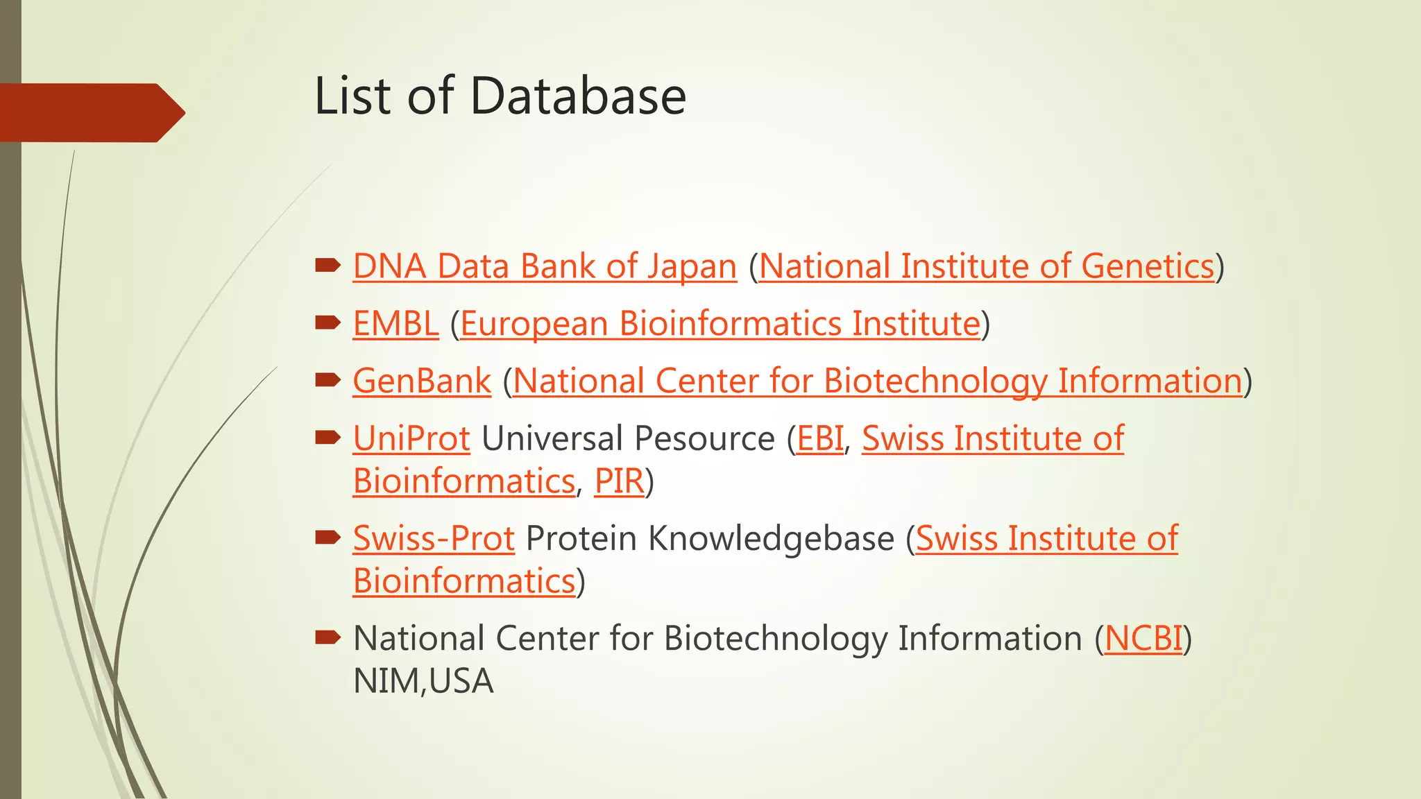 List of Database
 DNA Data Bank of Japan (National Institute of Genetics)
 EMBL (European Bioinformatics Institute)
 GenBank (National Center for Biotechnology Information)
 UniProt Universal Pesource (EBI, Swiss Institute of
Bioinformatics, PIR)
 Swiss-Prot Protein Knowledgebase (Swiss Institute of
Bioinformatics)
 National Center for Biotechnology Information (NCBI)
NIM,USA
 