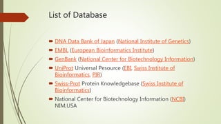 List of Database
 DNA Data Bank of Japan (National Institute of Genetics)
 EMBL (European Bioinformatics Institute)
 GenBank (National Center for Biotechnology Information)
 UniProt Universal Pesource (EBI, Swiss Institute of
Bioinformatics, PIR)
 Swiss-Prot Protein Knowledgebase (Swiss Institute of
Bioinformatics)
 National Center for Biotechnology Information (NCBI)
NIM,USA
 