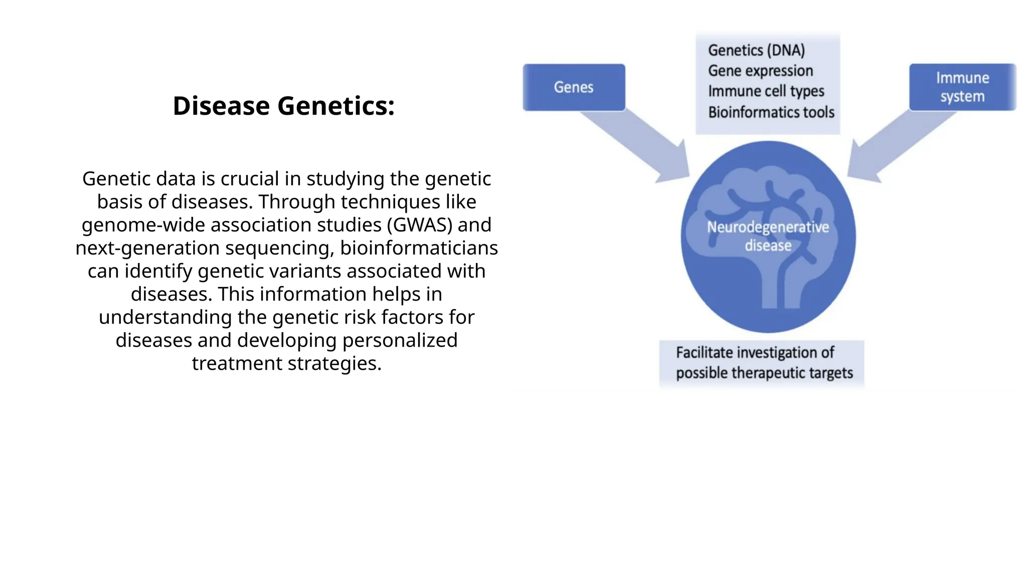 Disease Genetics:
Genetic data is crucial in studying the genetic
basis of diseases. Through techniques like
genome-wide association studies (GWAS) and
next-generation sequencing, bioinformaticians
can identify genetic variants associated with
diseases. This information helps in
understanding the genetic risk factors for
diseases and developing personalized
treatment strategies.
 