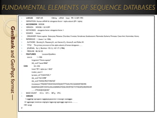FUNDAMENTAL ELEMENTS OF SEQUENCE DATABASES
LOCUS



DEFINITION Human mRNA for elongation factor 1 alpha subunit (EF-1 alpha).



GenBank and GenPept format —



ACCESSION X03558



VERSION



KEYWORDS



SOURCE




HSEF1AR

1506 bp

mRNA

linear PRI 12-SEP-1993

X03558.1 GI:31097
elongation factor; elongation factor 1.

human.

ORGANISM Homo sapiens Eukaryota; Metazoa; Chordata; Craniata; Vertebrata; Euteleostomi; Mammalia; Eutheria; Primates; Catarrhini; Hominidae; Homo.
REFERENCE 1 (bases 1 to 1506)



AUTHORS Brands,J.H., Maassen,J.A., van Hemert,F.J., Amons,R. and Moller,W.



TITLE



JOURNAL Eur. J. Biochem. 155 (1), 167-171 (1986)




The primary structure of the alpha subunit of human elongation……

MEDLINE 86136120
FEATURES
source

Location/Qualifiers
1..1506

/organism="Homo sapiens"
/db_xref="taxon:9606"
CDS

54..1442
/note="EF-1 alpha (aa 1-463)"
/codon_start=1
/protein_id="CAA27245.1"

/db_xref="GI:31098"
/db_xref="SWISS-PROT:P04720"
/translation="MGKEKTHINIVVIGHVDSGKSTTTGHLIYKCGGIDKRTIEKFEK
EAAEMGKGSFKYAWVLDKLKAERERGITIDISLWKFETSKYYVTIIDAPGHRDFIKNM
……VTKSAQKAQKAK"


BASE COUNT



ORIGIN

412 a

337 c

387 g

370 t

1 acgggtttgc cgccagaaca caggtgtcgt gaaaactacc cctaaaagcc aaaatgggaa
61 aggaaaagac tcatatcaac attgtcgtca ttggacacgt agattcgggc aagtccacca……….
1501 aactgt
//

 