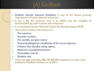 [A] GenBank






1.
2.
3.
4.

5.
6.
7.
8.



GenBank (Genetic Sequence Databank) is one of the fastest growing
repositories of known genetic sequences.
It has a flat file structure that is an ASCII text file, readable &
downloadable by both humans and computers.
It is maintained by the National Center for Biotechnology (NCB).
Entry data contains information on:
The sequence;
Accession numbers;
The scientific and gene names;
Taxonomy/phylogenetic classification of the source organism;
A feature that identifies coding regions;
References to published literature;
Transcription units &;
Mutation sites.
There are approximately 286,730,369,256 sequence records in the
traditional GenBank divisions as of 2011.

 