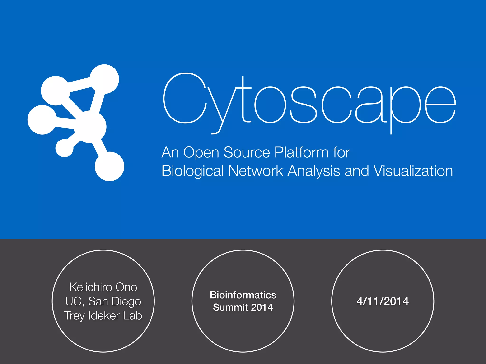 Keiichiro Ono
UC, San Diego
Trey Ideker Lab
Bioinformatics
Summit 2014
4/11/2014
Cytoscape
An Open Source Platform for  
Biological Network Analysis and Visualization
 
