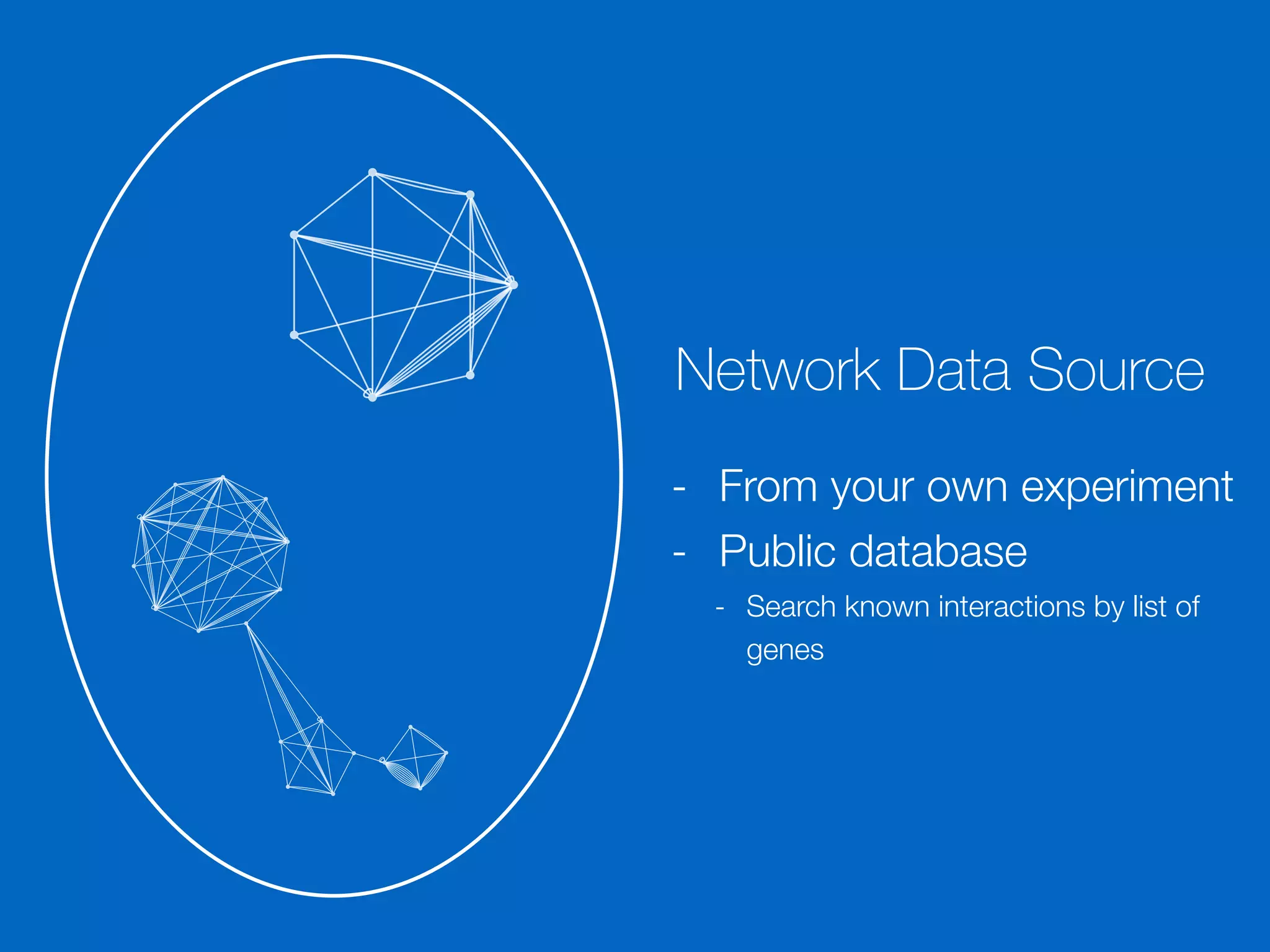 Network Data Source
- From your own experiment
- Public database
- Search known interactions by list of
genes
 