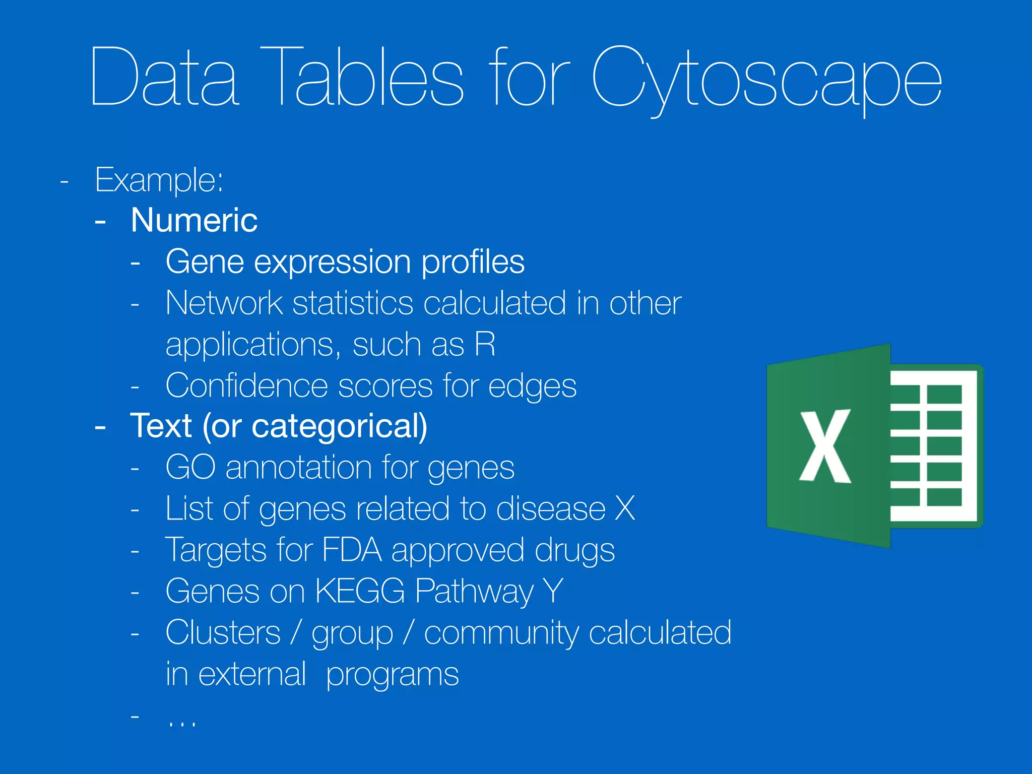 Data Tables for Cytoscape
- Example:
- Numeric

- Gene expression proﬁles
- Network statistics calculated in other
applications, such as R
- Conﬁdence scores for edges
- Text (or categorical)

- GO annotation for genes
- List of genes related to disease X
- Targets for FDA approved drugs
- Genes on KEGG Pathway Y
- Clusters / group / community calculated
in external programs
- …
 