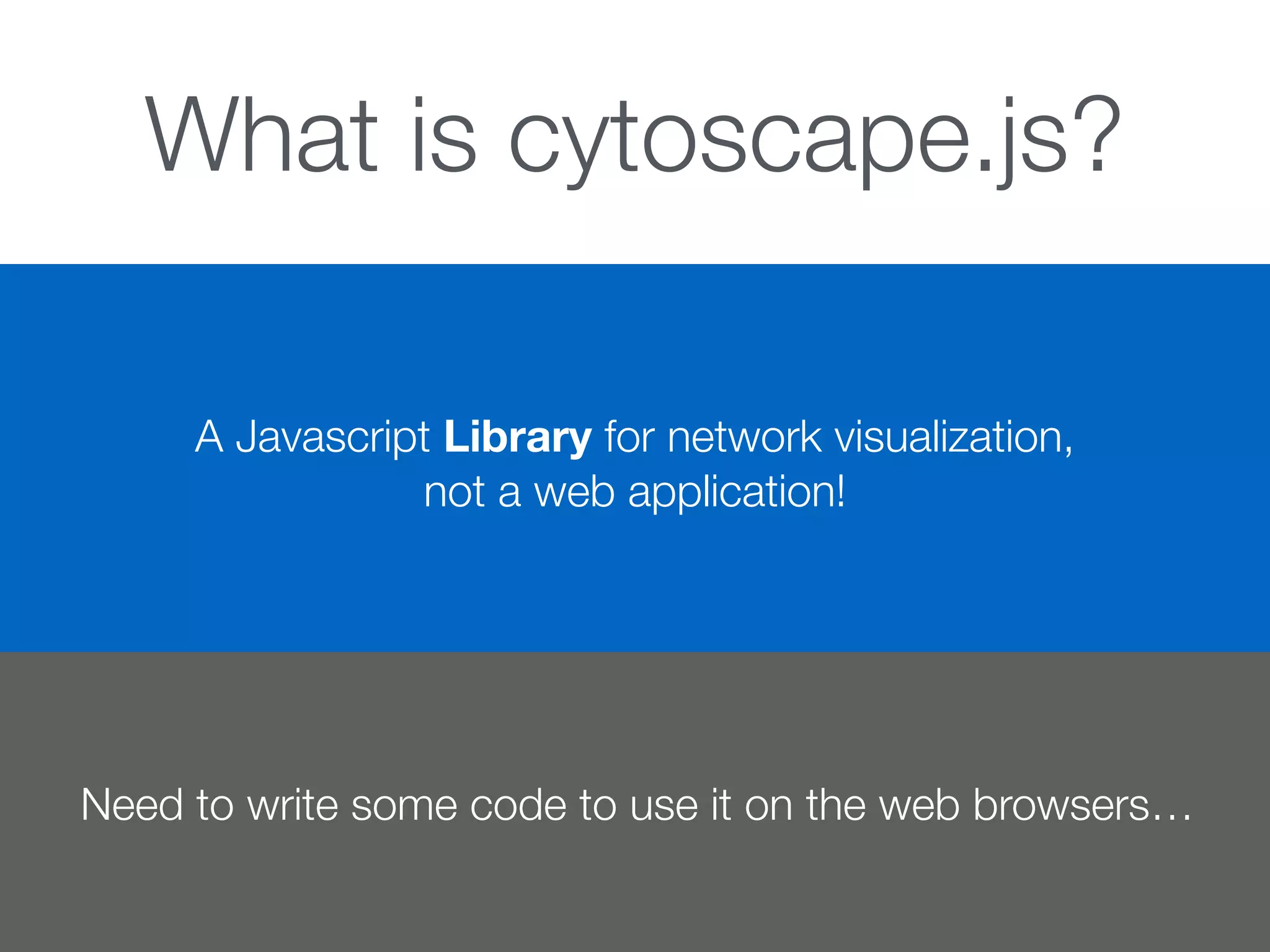 What is cytoscape.js?
A Javascript Library for network visualization,
not a web application!
Need to write some code to use it on the web browsers…
 