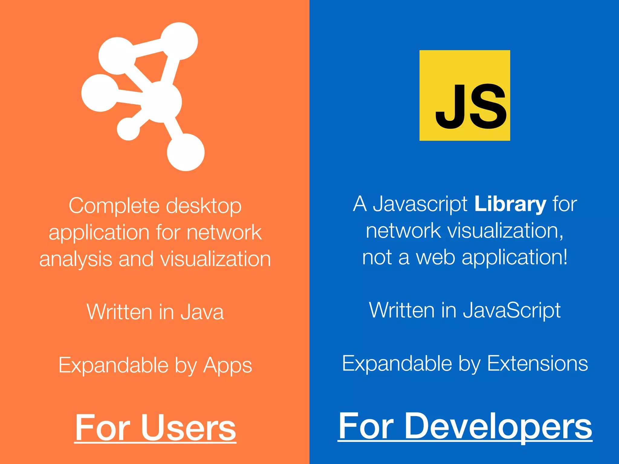 Complete desktop
application for network
analysis and visualization
!
Written in Java
!
Expandable by Apps
!
For Users
A Javascript Library for
network visualization,
not a web application!
!
Written in JavaScript
!
Expandable by Extensions
!
For Developers
JS
 